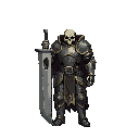 a highly detailed, imposing pixel art character of a battle-hardened skeleton knight, standing in a commanding, full-frontal stance within a dark, ancient, moss-covered crypt. the knight is the central and sole focus, with all mushroom-like elements remov