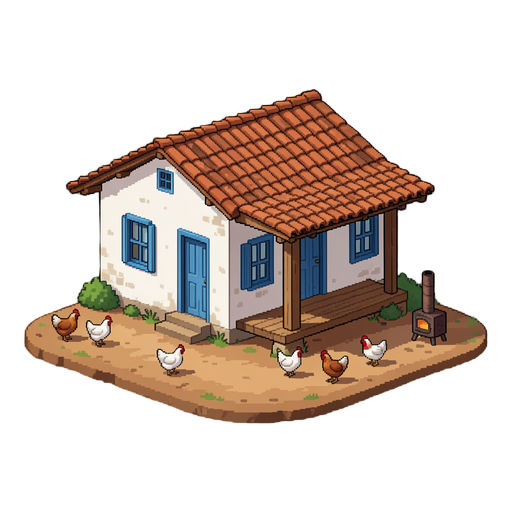 a traditional countryside house in the rural interior of brazil, created in highly detailed pixel art style. whitewashed walls, blue wooden doors and windows, a classic clay-tile roof, and a spacious front porch. the yard is made of packed dirt with free-