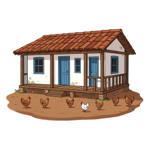 uma casa simples e autêntica do interior do brasil, construída em estilo rural tradicional, com paredes caiadas de branco, portas e janelas de madeira pintadas de azul, telhado de barro envelhecido e uma ampla varanda frontal. ao redor da casa há um terre