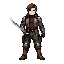 pixel art character inspired by chrono trigger style, determined expression, short sword wielder in combat-ready pose. medieval sci-fi apocalyptic clothing fusion: jacket or armor with modern tech accents, dark base layers. 16-bit snes-era sprite