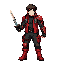 pixel art character inspired by chrono trigger style, determined expression, short sword wielder in combat-ready pose. medieval sci-fi apocalyptic clothing fusion: jacket or armor with modern tech accents, dark base layers. 16-bit snes-era sprite, bold re