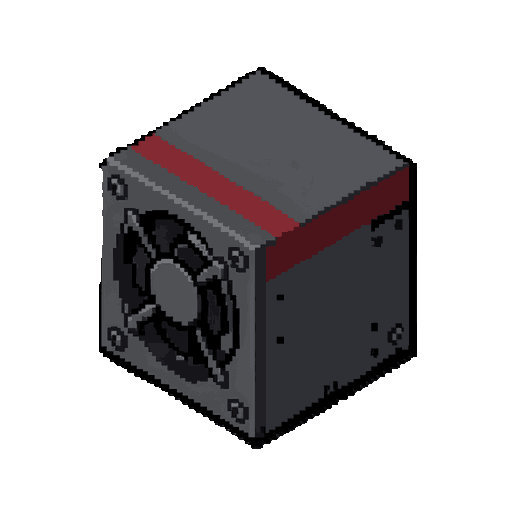 true isometric 2:1 orthographic game asset, industrial gpu mining board module, compact rectangular box almost square in silhouette, dark gunmetal steel housing, single deep red stripe along the top edge, large circular cooling fan on the left face with v