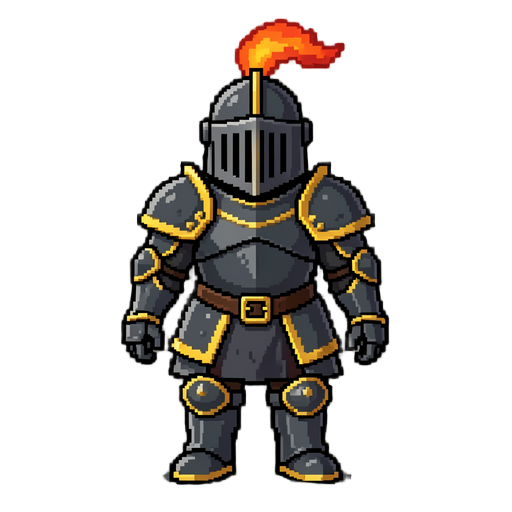 create a professional 2d pixel art medieval knight sprite for a top-down / rpg game.  the sprite must be designed specifically for animation.  character  a noble medieval knight.  dark steel armor gold trims large shoulder pads closed helmet with vertical