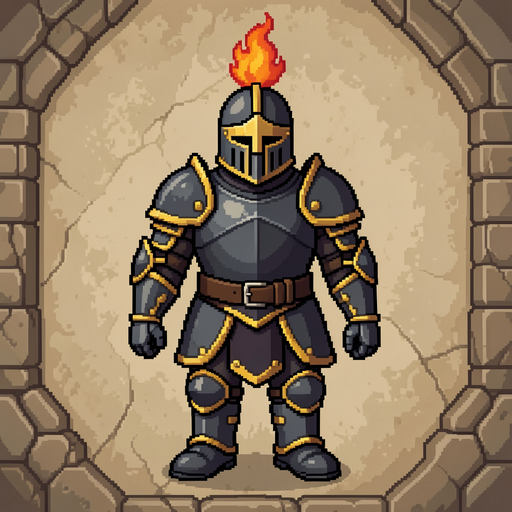 create a professional 2d pixel art medieval knight sprite for a top-down / rpg game.  the sprite must be designed specifically for animation.  character  a noble medieval knight.  dark steel armor gold trims large shoulder pads closed helmet with vertical