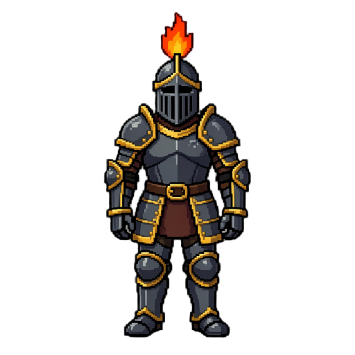 create a professional 2d pixel art medieval knight sprite for a top-down / rpg game.  the sprite must be designed specifically for animation.  character  a noble medieval knight.  dark steel armor gold trims large shoulder pads closed helmet with vertical