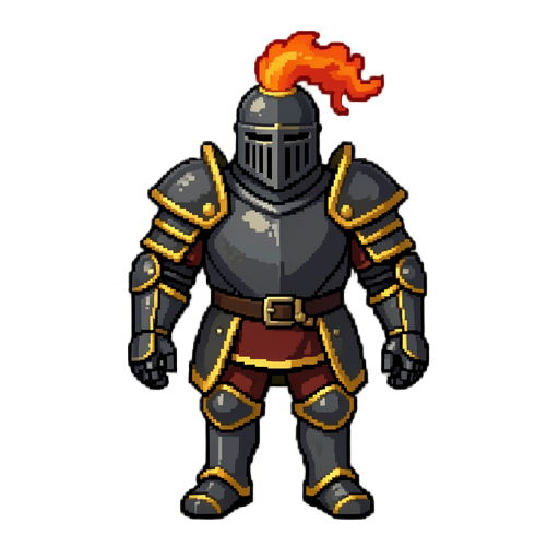 create a professional 2d pixel art medieval knight sprite for a top-down / rpg game.  the sprite must be designed specifically for animation.  character  a noble medieval knight.  dark steel armor gold trims large shoulder pads closed helmet with vertical