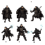 um personagem em pixel arte, tamanho de 64x64 pixels. para um jogo metroidvania baseando na inquisição. nosso personagem é um inquisidor de 40 anos, forte e robusto, com habilidades impecáveis de investigação e batalha. vamos fazer sprites de várias ações