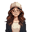 upper body, young woman, long wavy brown hair, beige cap, round glasses, white knitted top, dark cardigan, soft blush, large bright eyes (4x4px)