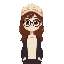 upper body, young woman, long wavy brown hair, beige cap, round glasses, white knitted top, dark cardigan, soft blush, large bright eyes (4x4px)