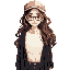 a young woman with long wavy brown hair, wearing a beige newsboy cap and round glasses. dressed in a white knitted top and dark buttoned cardigan, soft blush on cheeks. upper body only