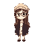 a girl with long wavy brown hair, wearing a beige newsboy cap and round glasses. dressed in a white knitted top and dark buttoned cardigan, soft blush on cheeks.