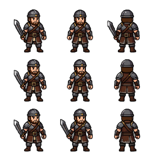 create a pixel art spritesheet.  character: beginner warrior.  8 directional views.  north north-east east south-east south south-west west north-west  idle pose.  transparent background.  uniform sprite size.  retro mmorpg style.  designed for phaser / g