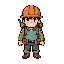 create a charming and memorable 2d pixel art protagonist for a mining and exploration game.  young male explorer, around 17 years old, designed for a family-friendly adventure game. he combines the appearance of a miner and an explorer.  character feature