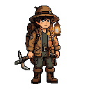 pixel art young explorer miner, age 17. explorer hat with lantern, dark messy hair, large backpack, ropes, tools, unique pickaxe, explorer jacket, boots. curious and adventurous. strong silhouette, memorable game protagonist, vibrant colors, fantasy adven