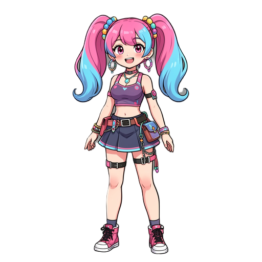 trendy girl with pink and blue twin tails and a tight top, short skirt, lots of accessories, giddy smile, 3/4 view, full body