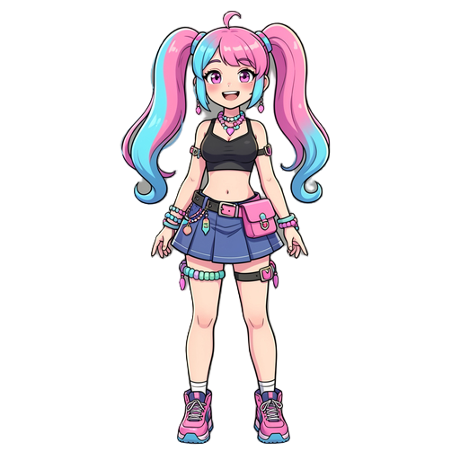 trendy girl with pink and blue twin tails and a tight top, short skirt, lots of accessories, giddy smile, 3/4 view, full body