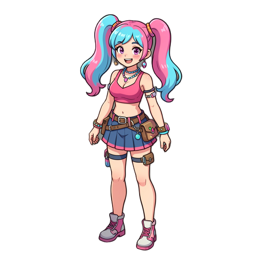 trendy girl with pink and blue twin tails and a tight top, short skirt, lots of accessories, giddy smile, 3/4 view, full body