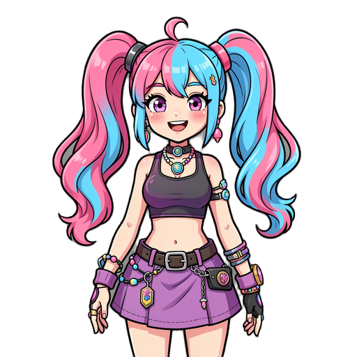 trendy girl with pink and blue twin tails and a tight top, short skirt, lots of accessories, giddy smile