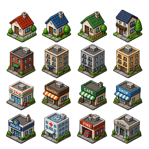 isometric house sprites, urban neighborhood,  small houses, apartment buildings, shops,  pixel art, transparent background, 64x64, game asset