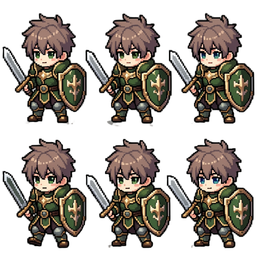 use the selected character from image 1 as the exact design reference. generate a pixel art walking sprite sheet for the same character in the same bright fantasy chibi style. preserve the exact hairstyle, face, outfit, weapon, accessories, and color pale