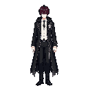 full body pixel art character sprite, front view, young male, messy dark crimson hair, red-brown eyes, pale skin, slim build, expressionless face, wearing a long black hooded coat with silver chains and cross ornaments, white vest under the coat, white dr