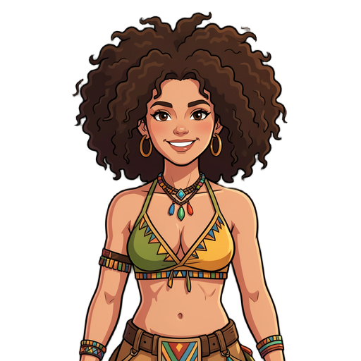 brazilian indigenous travesti transdev woman, 25 years old, light skin tone, confident and warm expression, atletic body type, small breasts, big voluminous curly hair (armado, em movimento)