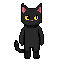 um gato preto de olhos amarelos em pixel art