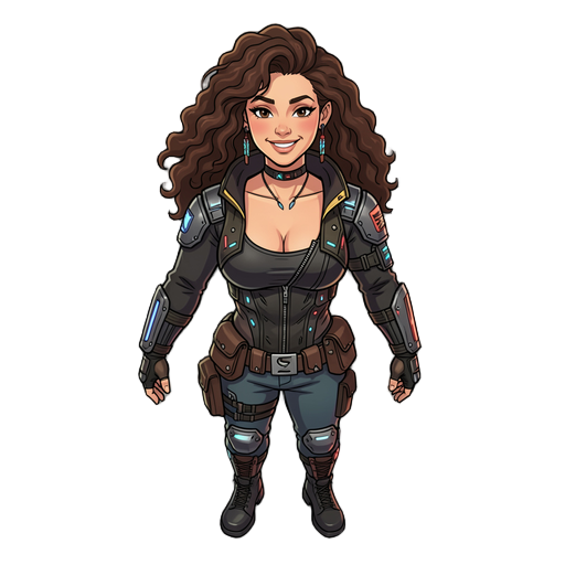 brazilian indigenous travesti transdev woman, dressing cyberpunk leather and cloth clothes,25 years old, light skin tone, confident and warm expression, atletic body type, small breasts, long curly hair (armado, em movimento)