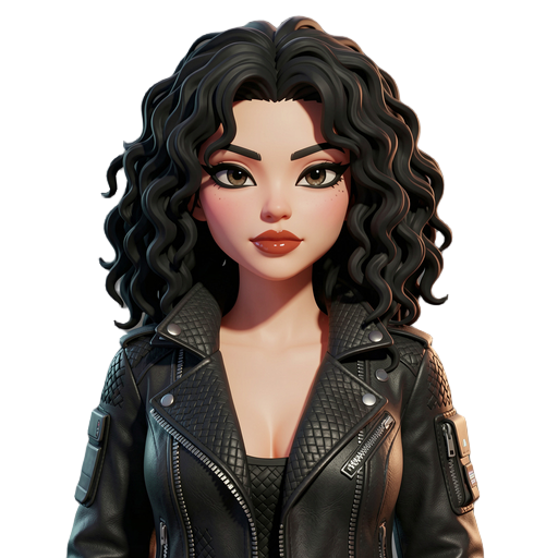 cyberpunk female character, black curly hair, leather jacket, woven textile details, cat-eye makeup, glossy lip, stylized 3d game asset