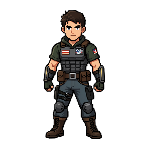 crie uma imagem do protagonista de meu game que combate contra a pobreza ele é jovem e bonito e precisa ter roupas estilosas de combate em pixel art