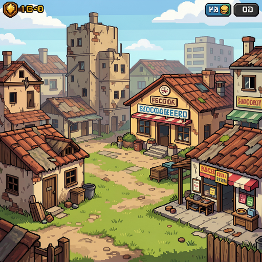 crie uma cidade pobre com casas pobre e uma escola, comercio... pixel art forte e para jogo de plataforma nao muito realista com chao em grama