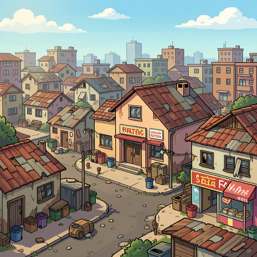 crie uma cidade pobre com casas pobre e uma escola, comercio... pixel art e plataforma