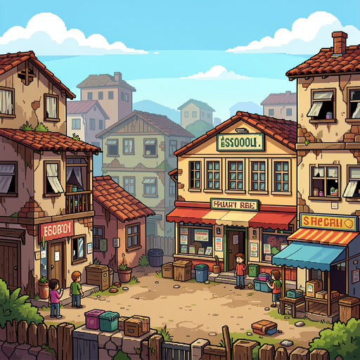 crie uma cidade pobre com casas pobre e uma escola, comercio... pixel art forte e para jogo de plataforma