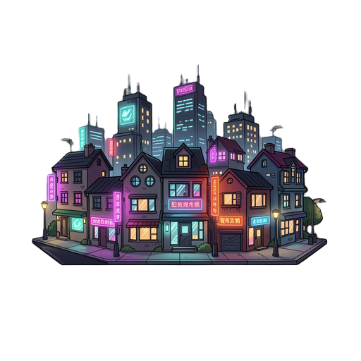 a town with houses style cyberpunk, night, have neon light