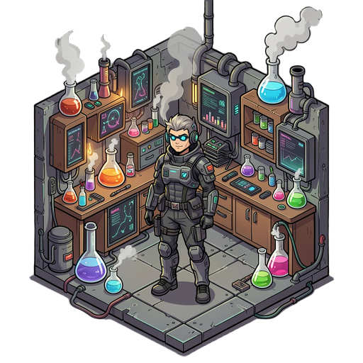 room of science style cyberpunk, with chemicals, steam