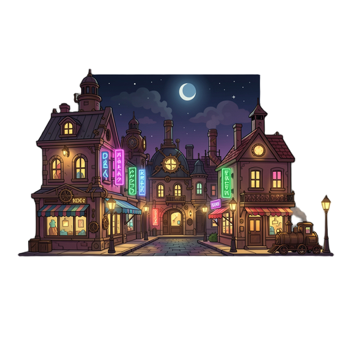 a town with style of steampunk, night, have neon light