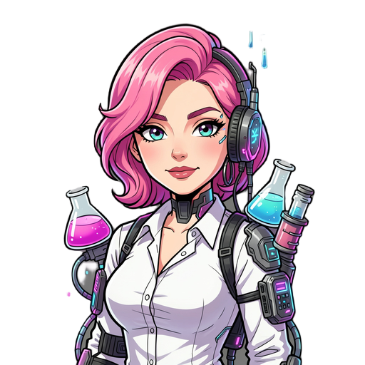 science girl, with white blouse, pink hair with style beautiful mature, style cyberpunk, with chemicals, steam