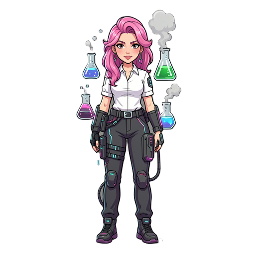science girl, with white blouse, pink hair with style beautiful mature, style cyberpunk, with chemicals, steam