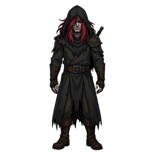 full-body 2d character concept art, ultra-detailed dark fantasy style. a grim and brooding lone wanderer with long, messy, wind-blown crimson red hair. he wears a deep, tattered black hood pulled low, casting a heavy dramatic shadow that covers the upper