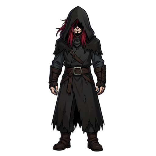 full-body 2d character concept art, ultra-detailed dark fantasy style. a grim and brooding lone wanderer with long, messy, wind-blown crimson red hair. he wears a deep, tattered black hood pulled low, casting a heavy dramatic shadow that covers the upper