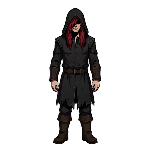 full-body 2d digital illustration of a dark and brooding male character, long messy crimson red hair flowing out from a tattered black hood that casts a deep shadow, partially covering his eyes. he is wearing completely pitch-black medieval wanderer cloth