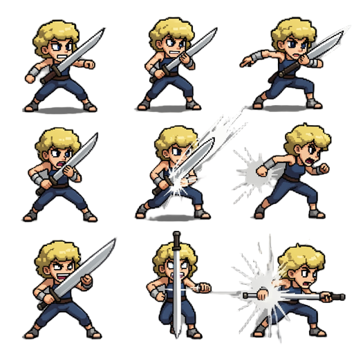 pixel art sprite sheet. character performs a heavy scalpel slash attack. include anticipation frame, wind-up, attack frame, impact frame, follow-through frame, and recovery frame. exaggerated body movement, dynamic silhouette, and strong sense of momentum