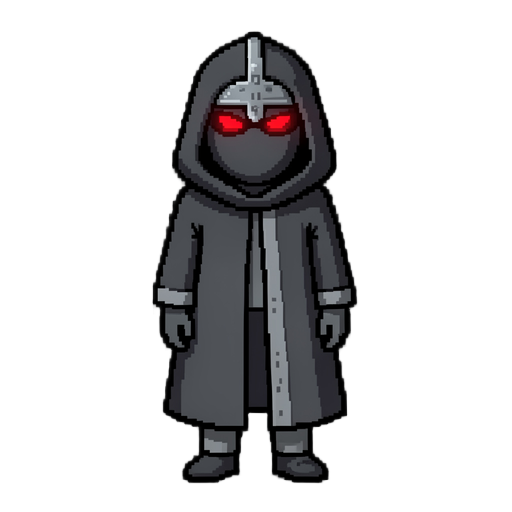 pixel art sprite, ninja character, site-facing idle pose, full body, wearing a dark hooded cloak/mantle with hands hidden underneath, medieval-style helmet, color palette strictly limited to 3 shades of grey (dark grey, mid grey, light grey) and glowing r