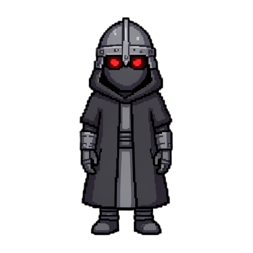 pixel art sprite, ninja character, front-facing idle pose, full body, wearing a dark hooded cloak/mantle with hands hidden underneath, medieval-style helmet, color palette strictly limited to 3 shades of grey (dark grey, mid grey, light grey) and glowing
