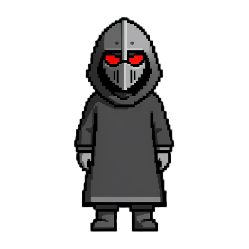 pixel art sprite, ninja character, front-facing idle pose, full body, wearing a dark hooded cloak/mantle with hands hidden underneath, medieval-style helmet, color palette strictly limited to 3 shades of grey (dark grey, mid grey, light grey) and glowing