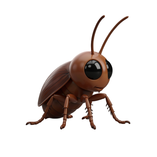 create a stylized 3d character of a french apartment cockroach (blattella germanica) as the protagonist of an atmospheric indie game. the character has a small rounded body, slightly hunched posture, large head, compact abdomen, thin segmented legs, long 