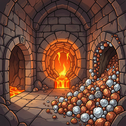 a dungeon, with a big gaping hope in the middle. the middle hole has lava flowing through it. the left part of the dungeon has a entrance. the right part of the dungeon has a mine entrance. a lot of ores like copper, iron, silver, diamond are spelling out