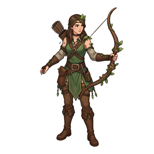 classic fantasy archer woman, deeply connected to nature, wearing green and brown leather and cloth, elegant wooden bow, quiver on her back, leaf and vine details, full body, confident pose, forest ranger style, detailed concept art.