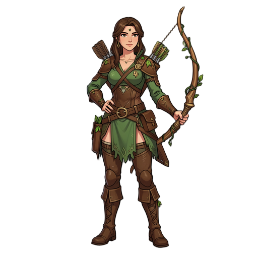 classic fantasy archer woman, deeply connected to nature, wearing green and brown leather and cloth, elegant wooden bow, quiver on her back, leaf and vine details, full body, confident pose, forest ranger style, detailed concept art.