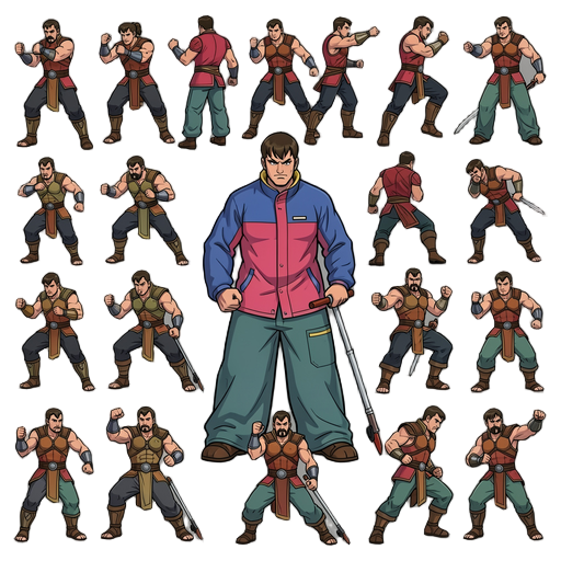 use the photo as a reference and transform it into a *mortal kombat*-style sprite featuring real actors. create a complete sprite sheet containing 100 fighting moves (such as kicks or punches) in the *mortal kombat* (midway games) style, maintaining the h